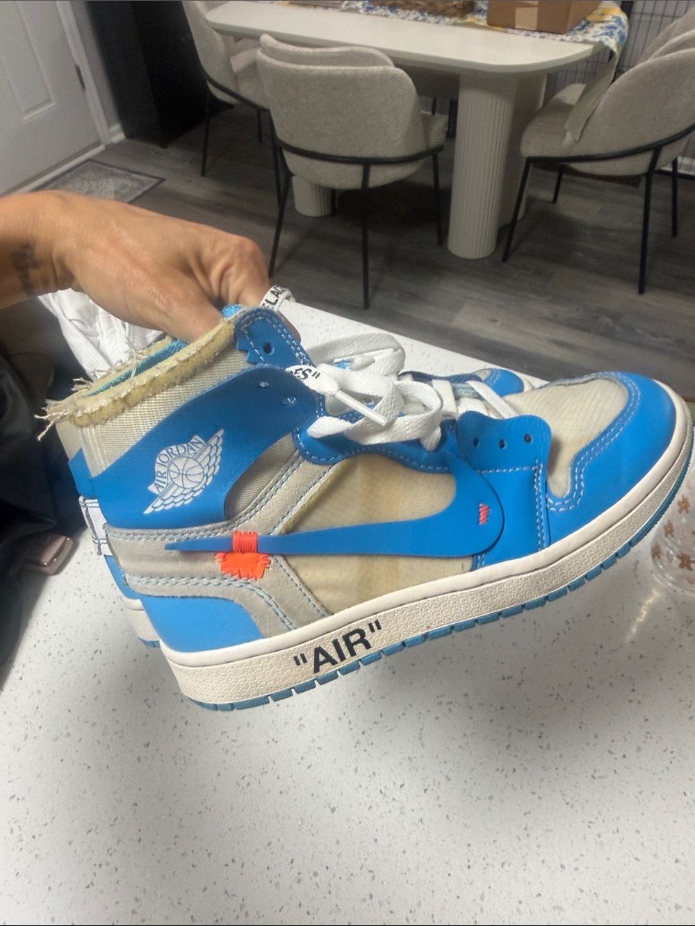 Off white Jordan High-Top Sneakers in Blue and Cream with Orange Accent - Picture 4 of 8